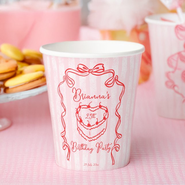 Gobelets En Papier Cerise gâteau rose coquette arc fête d'anniversair (Cherry cake pink handrawn sketch bow ribbon coquette  birthday party personalized paper cups)