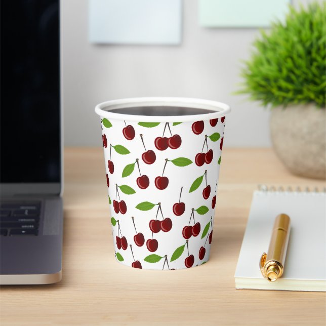 Gobelets En Papier Cerise Rouge, Motif De Cerises, Feuilles, Fruits (Insitu)