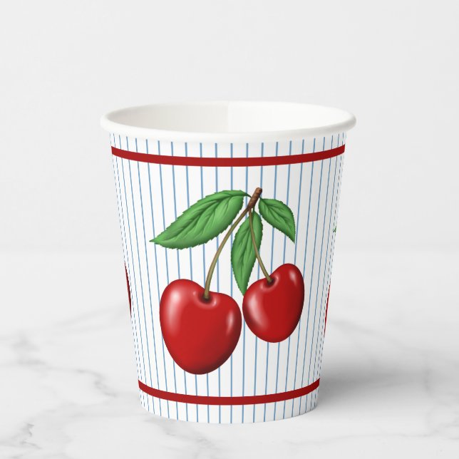 Gobelets En Papier Cerises rouges sur Bleu Motif graphique (Gauche)