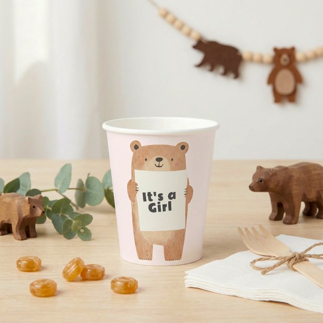 Gobelets En Papier C'est un Baby shower de fille d'ours rose (It’s a Girl Bear Baby Shower pink Paper Cups)