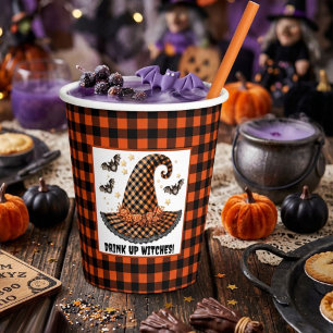 Gobelets En Papier Chapeau de sorcière Halloween à carreaux orange et