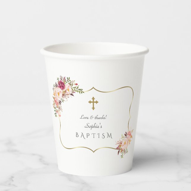 Gobelets En Papier Charmante cadre or Blush rose floral Baptême (Recto)
