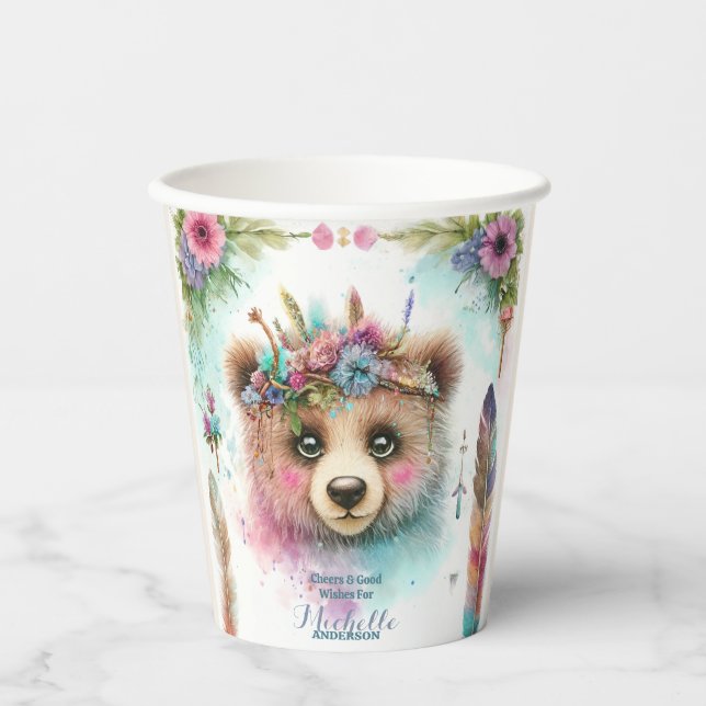 Gobelets En Papier Charming Boho Woodland Bear Aquarelle Anniversaire (Recto)