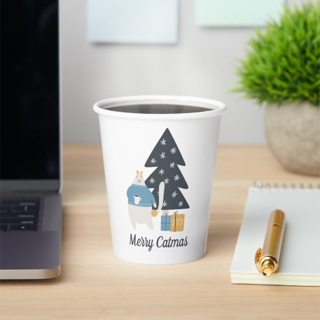 Gobelets En Papier Chat blanc ornement de Noël arbre Joyeux Catmas (Insitu)