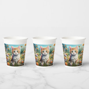 Gobelets En Papier Chat doux dans une prairie