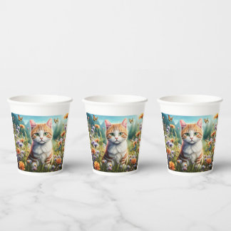Gobelets En Papier Chat doux dans une prairie