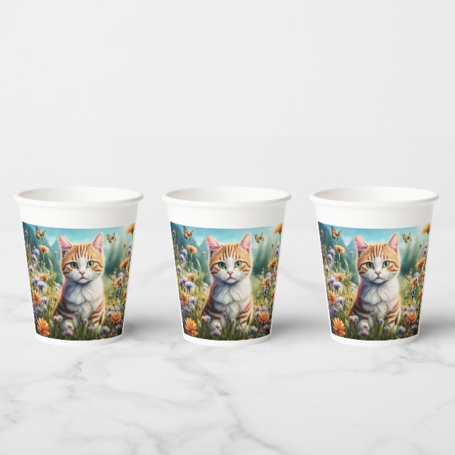 Gobelets En Papier Chat doux dans une prairie (Multi)