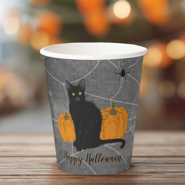 Gobelets En Papier Chat noir Joyeux Halloween (Vintage Gothic Halloween party cup featuring a spooky black cat)