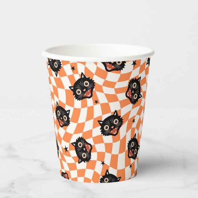 Gobelets En Papier Chat noir rétro Motif chèque orange (Recto)