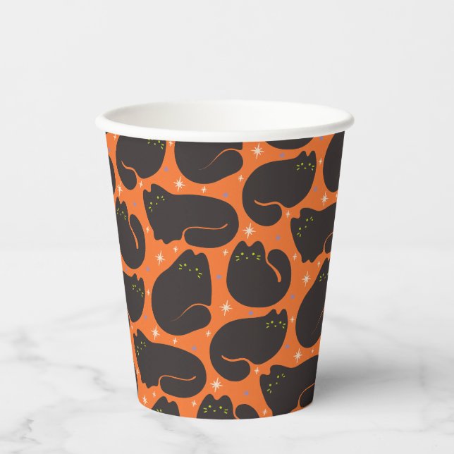 Gobelets En Papier Chat noir rétro sur fond orange (Recto)