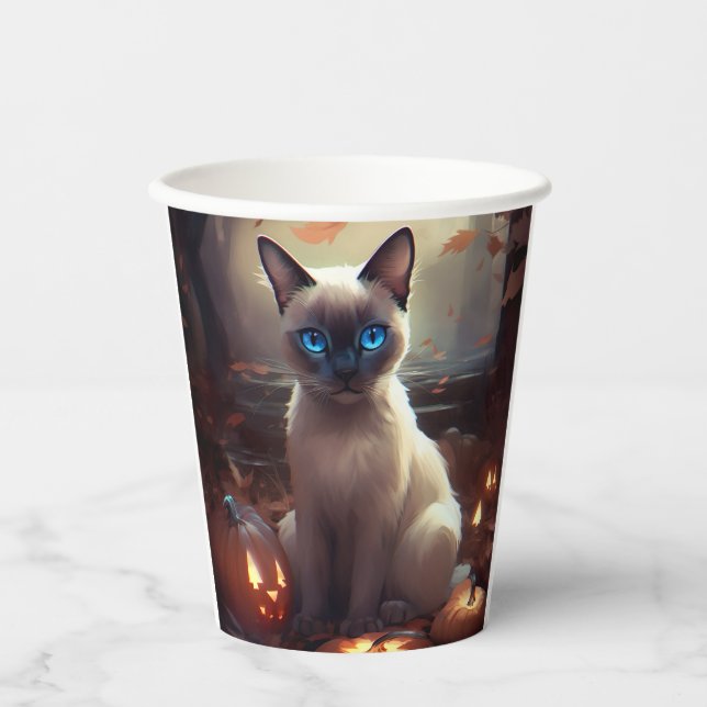 Gobelets En Papier Chat Siamais Halloween Avec Peur Citrouille (Recto)