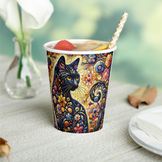 Gobelets En Papier Chat Whimsical Noir Abstrait peinture florale Art (Insitu)