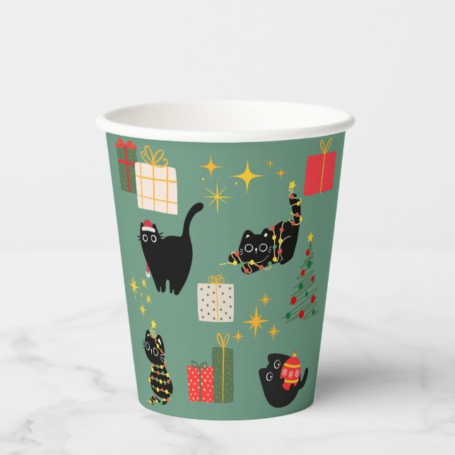 Gobelets En Papier Chats noirs de Noël (Recto)