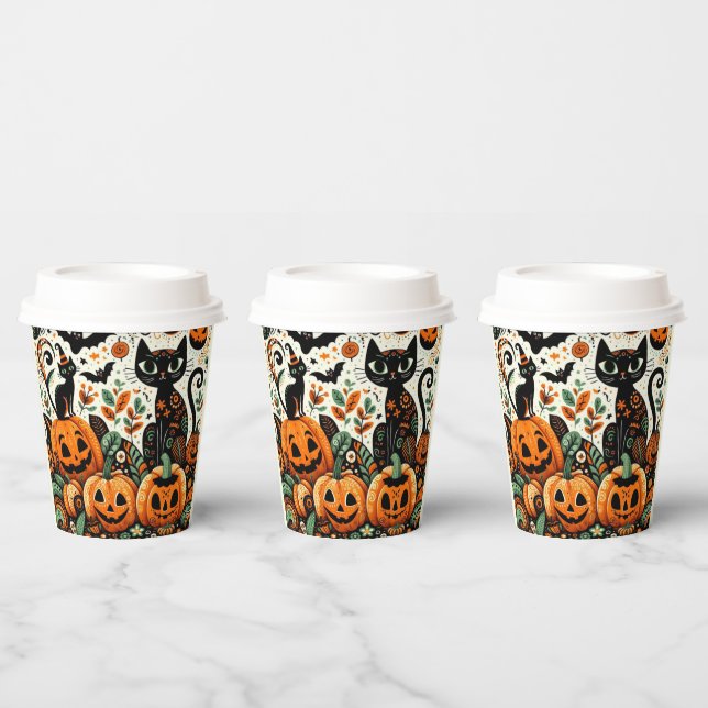 Gobelets En Papier Chats noirs Whimsical, Citrouilles et chauves-sour (Multi)
