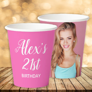 Gobelets En Papier Chaud Rose Blanc 21e Anniversaire Nom Photo