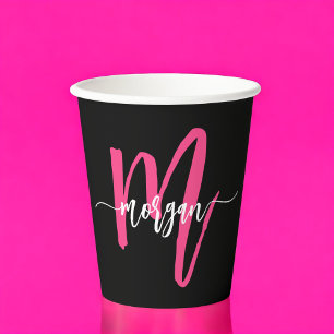 Gobelets En Papier Chaud rose noir moderne Script Girl Monogramme Nom