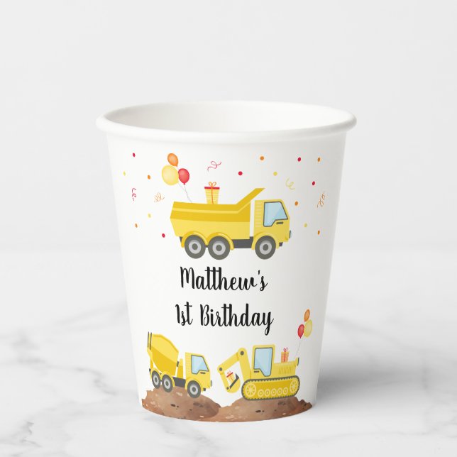 Gobelets En Papier Chaudron de camion de construction garçon Annivers (Recto)