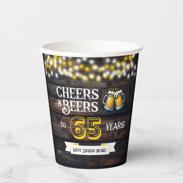 Gobelets En Papier Cheers and Beers to 65 Years Rustic Birthday (Recto)