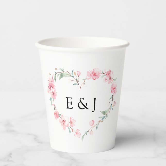Gobelets En Papier Cherry Blossom Mariage de monogramme de coeur (Recto)
