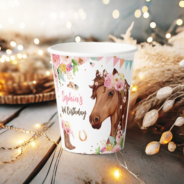 Gobelets En Papier Cheval Anniversaire Fille Cowgirl Rose Floral Part (Créateur téléchargé)