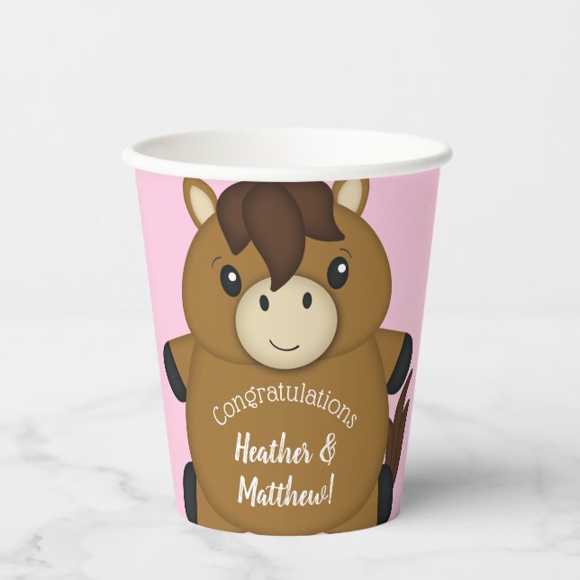 Gobelets En Papier Cheval Baby shower fille rose (Recto)