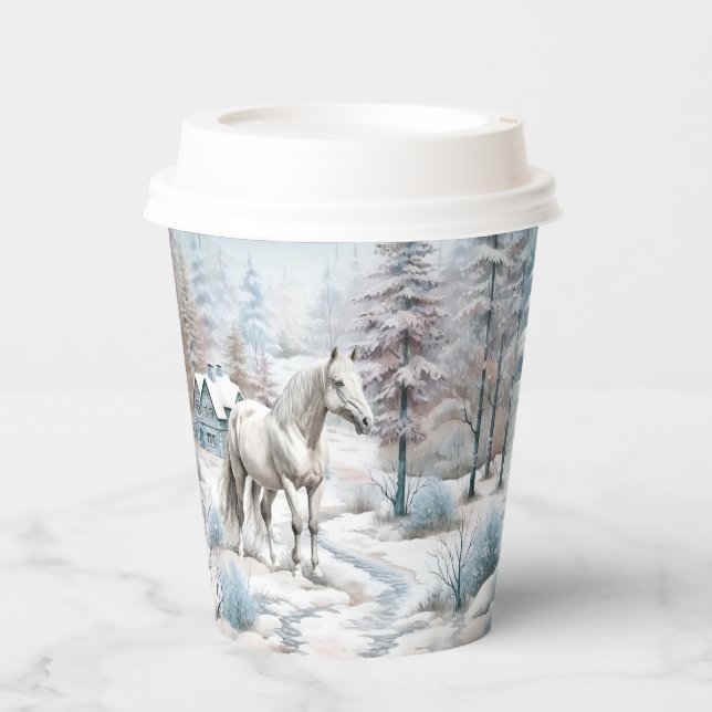 Gobelets En Papier Cheval hiver scène neige forêt Noël (Recto)
