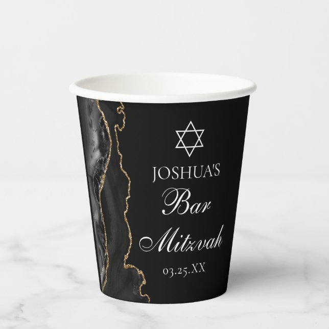 Gobelets En Papier Chic Black Gold Agate Bar Mitzvah Party (Recto)