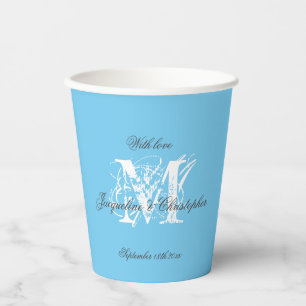 Gobelets En Papier Chic Blanc Monogramme Noms Noir Aqua Bleu
