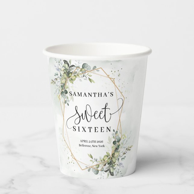 Gobelets En Papier Chic boho eucalyptus vert or 16e anniversaire (Verso)