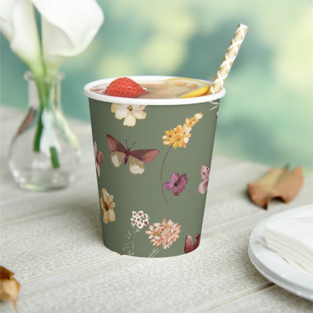 Gobelets En Papier Chic Boho Fleur sauvage Rustique Sage Mariage vert (Insitu)