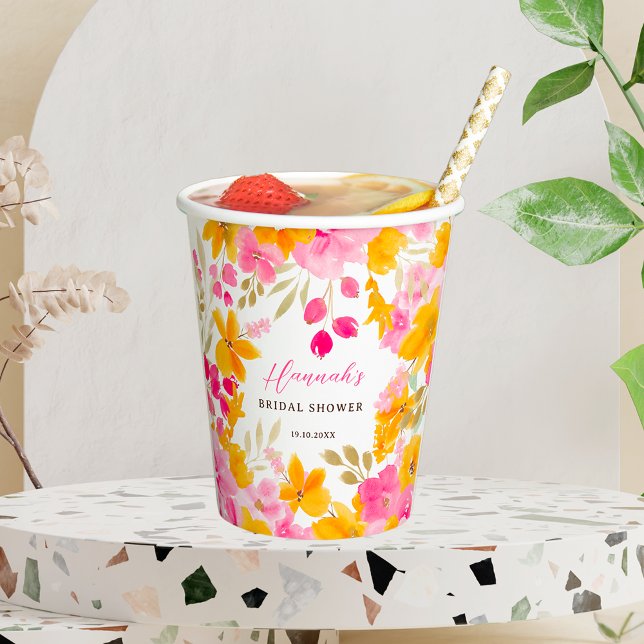 Gobelets En Papier Chic joli jaune rose de l'aquarelle (Chic pretty yellow pink floral watercolor bridal paper cups)