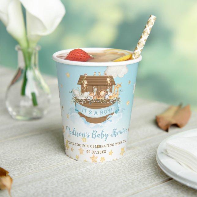 Gobelets En Papier Chic Noah's Ark Cute Animals Blue Boy Baby shower (Insitu)