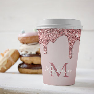 Gobelets En Papier Chic Rose Gold Parties scintillant gouttes Monogra