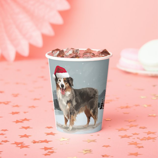 Gobelets En Papier Chien berger australien en Noël de neige (Insitu)
