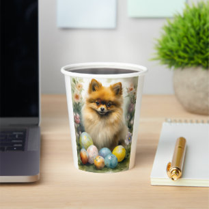 Gobelets En Papier Chien de Poméranie avec oeufs de Pâques vacances