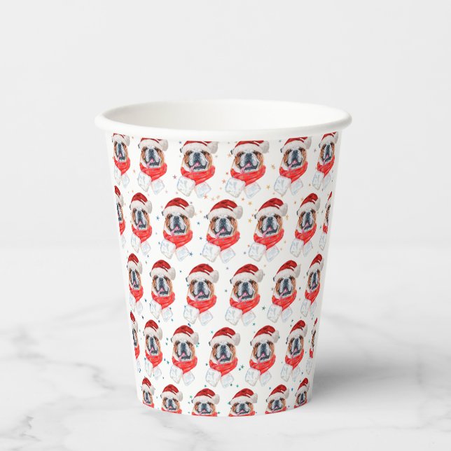 Gobelets En Papier Chien de race anglaise Bulldog Noël (Recto)