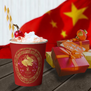 Gobelets En Papier Chinois Zodiac Rabbit Rouge/Or ID542