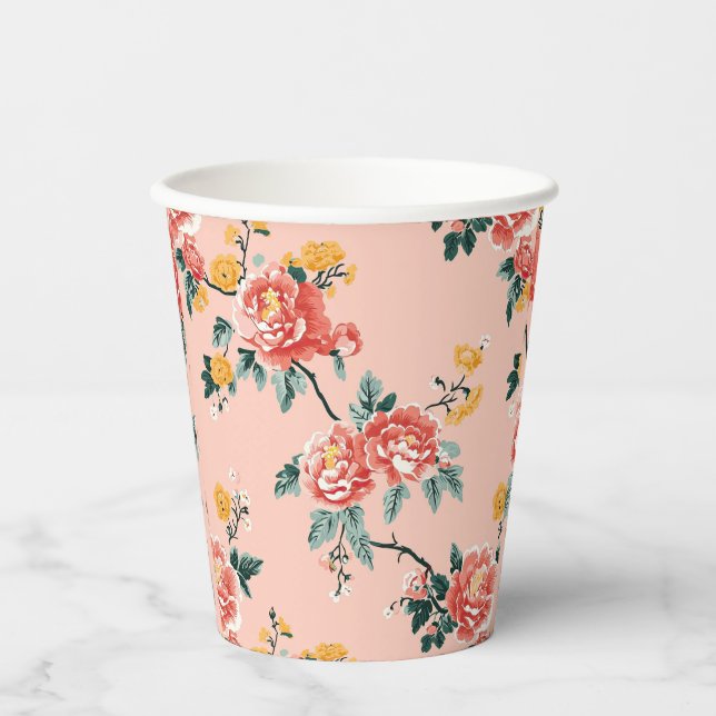 Gobelets En Papier Chinoiserie rose pâle Floral (Recto)