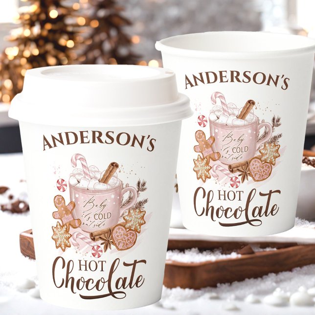Gobelets En Papier Chocolat chaud rose de Noël Nom tasses de papier (Hot Chocolate Pink Christmas Name Paper Cups)