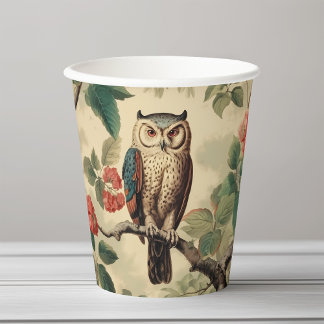 Gobelets En Papier Chouette botanique vintage en forêt