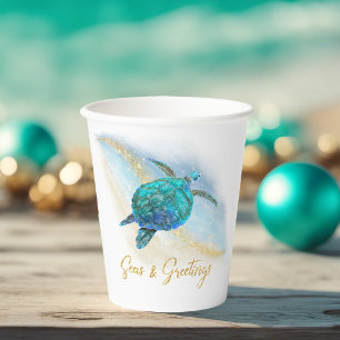 Gobelets En Papier Christmas Beach Sea Turtle Seas et salutations
