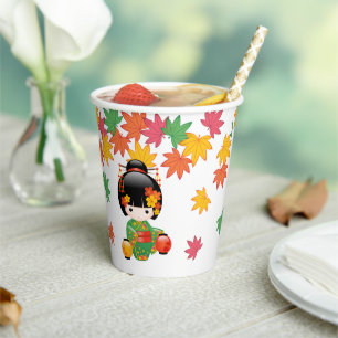Gobelets En Papier Chute Poupée Kokeshi - Green Kimono Geisha Girl