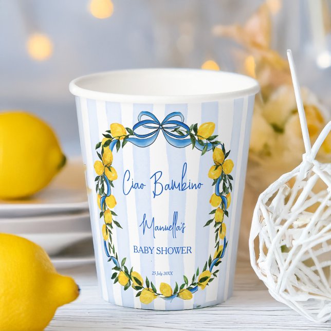 Gobelets En Papier Ciao bambino citron baby shower italien sur mesure (Ciao bambino lemons blue stripes with bow Italian baby shower personalized Paper Cups)