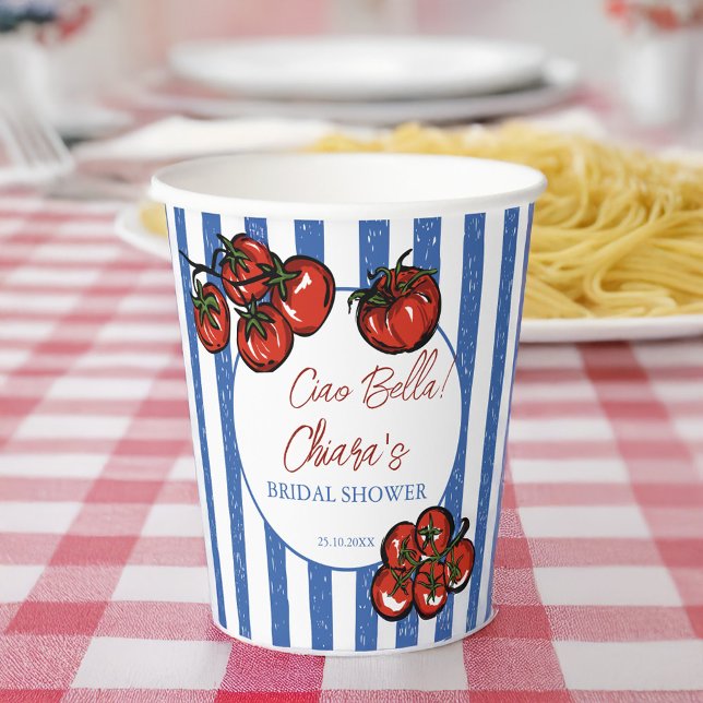 Gobelets En Papier Ciao bella rayures de tomate douche de mariée ital (Ciao bella tomato blue stripes Italian farmers market pasta bridal shower personalized Paper Cups)