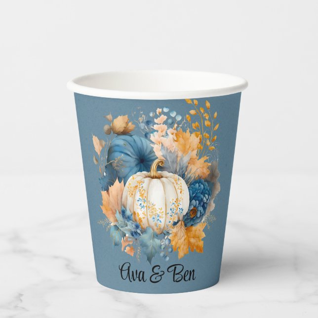 Gobelets En Papier Citrouille bleu et orange Peony Mariage (Recto)
