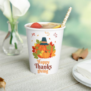 Gobelets En Papier Citrouille bon thanksgiving avec Casquette et Feui