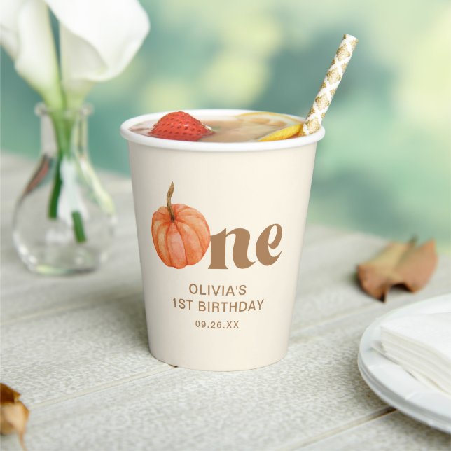 Gobelets En Papier Citrouille d'aquarelle d'automne 1er anniversaire (Insitu)