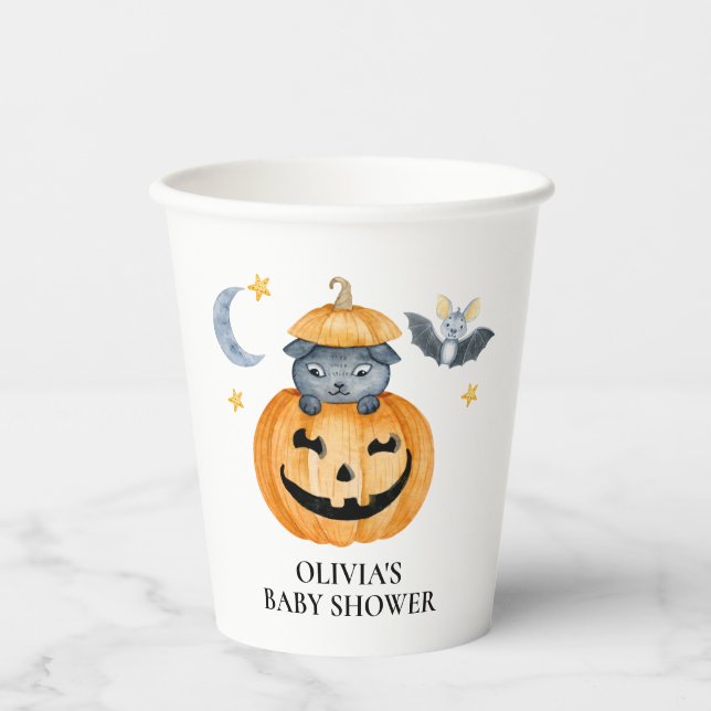 Gobelets En Papier Citrouille d'Halloween Jack-O-Lantern Baby shower (Recto)