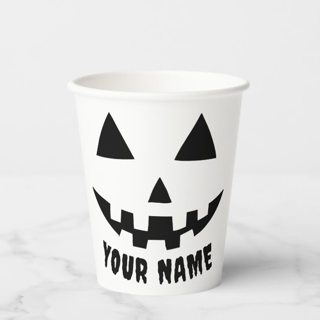 Gobelets En Papier Citrouille personnalisé Halloween Nom noir et blan (Recto)