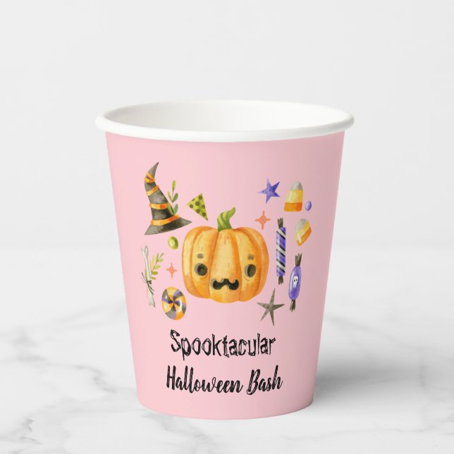 Gobelets En Papier Citrouille Spooktacular Halloween Bash Party rose (Recto)